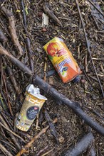 Symbolic image environmental pollution, plastic waste, rubbish, flotsam from a flood on the Neckar