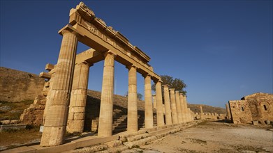 Acropolis of Lindos, morning light, Propylaea, Lindos, Rhodes, Dodecanese, Greek Islands, Greece,