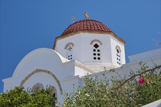 Detailed view of a church with red dome and white walls, surrounded by vegetation, Chora, Old Town,