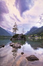 Hintersee with rocks and trees in the foreground, surrounded by mountains after sunset with