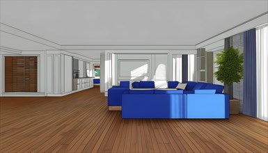 Three dimensional render of a spacious living room, AI generated