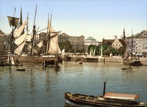 Harbour with ruins of Christianborg Palace, Copenhagen, Denmark, ca 1895, Historical, digitally