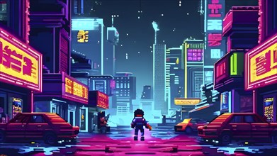 Pixel art illustration of a classic arcade game scene with characters navigating through obstacles,