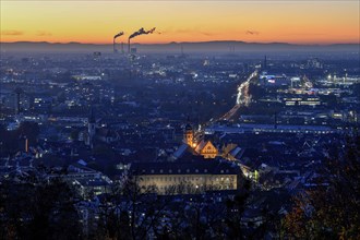 View from the tower hill to Durlach with town church and town hall, in the background Karlsruhe,