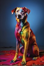 Portrait of a colored dog in vibrant hues as metaphor for the saying known like a colorful dog, AI