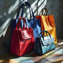 Assorted vibrant shopping bags lined up in front of a grey background, AI generated