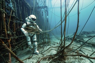 Futuristic humanoid robot entangled in submarine communication cables, AI generated