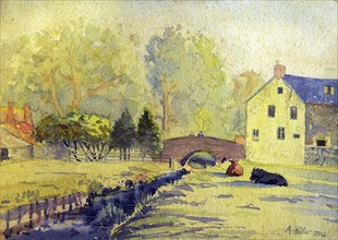 Landscape with stream and bridge, Painting by Adolf Hitler (1889-1945), Historical, digitally