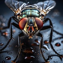 Macro of a housefly (Musca domestica) with detailed wings, large red compound eyes, and the fine