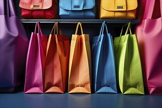 Assorted vibrant shopping bags lined up in front of a colored background, AI generated