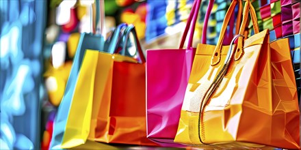 Assorted vibrant shopping bags lined up in front of a colored background, AI generated