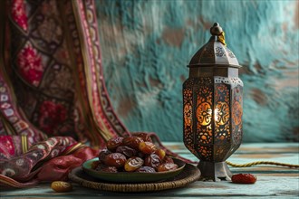 Ramadan lantern with a plate of succulent figs, set on an ornate table with intricate designs,