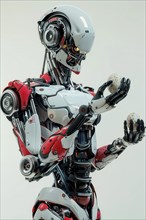 Futuristic humanoid robot holding eggs in his hand in front of white background, AI generated