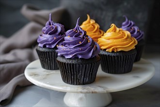 Black Halloween cupcake with purple and orange colored frosting. Generative Ai, AI generated