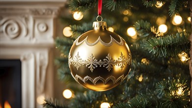 Christmas ornament hanging on a tree, with reflections of twinkling lights and fireplace flames