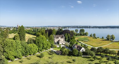 Aerial view, panorama of Seeburg Castle with integrated catering and event location in Seeburgpark