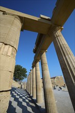 Super wide angle shot, Acropolis of Lindos, morning light, Propylaea with staircase, Lindos,