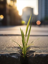 A single blade of grass pushing through a crack in a concrete sidewalk, representing the simplicity