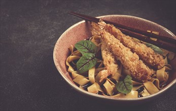 Udon noodles with shrimp in tempura, Japanese cuisine, homemade, no people