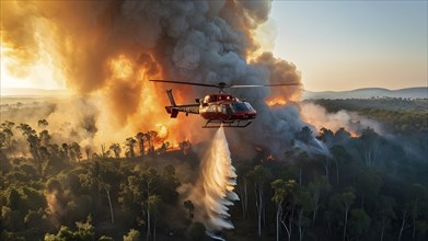 Firefighter helicopter combating forest fire dispersing water over the inferno, AI generated