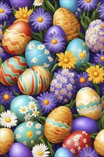 Abstract illustration of of vibrant-colored Easter eggs in a wicker basket, surrounded by delicate