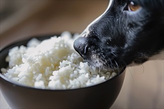 Dog eating light food rice out of bowl. Generative Ai, AI generated