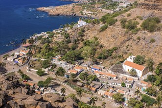 View over city with houses and church. Ciudad Velha. Cidade Velha. Santiago. Cabo Verde. Africa