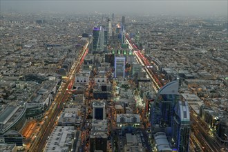 Panoramic view from the Sky Bridge, blue hour, Kingdom Center, Riyadh, Saudi Arabia, Asia