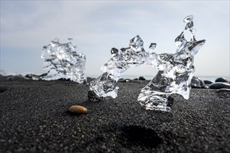 Ice, piece of ice on black sand beach, on black lava beach Diamond Beach, Southeast Iceland,