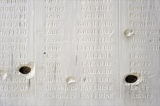 Bullet holes inside the church. The burnt village of Oradour-sur-Glane was destroyed on 10 June