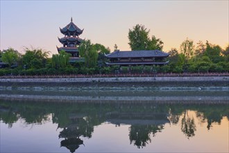 Wangjiang Pavilion in Wangjianglou Park view over Jinjiang River, Chengdu, Sichuan, China on sunset