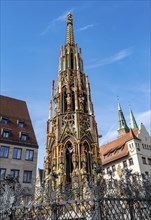 Beautiful fountain on the main market square, Old Town, Nuremberg, Middle Franconia, Bavaria,