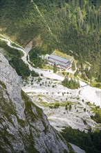 Höllentalangerhütte in the Höllental, Wetterstein Mountains, Garmisch-Patenkirchen, Bavaria,