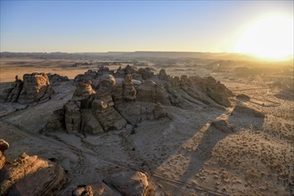 Rock landscape at Jabal Ithlib, blue hour, aerial view, Hegra or Mada'in Salih, AlUla region,