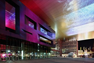 Art and Congress Centre, KKL, light installation at dusk, Lilu, Light Festival 2023, Lucerne,