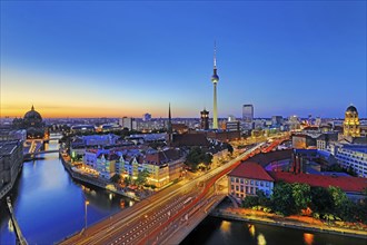 City panorama with Spree, Cathedral, Nikolai Quarter, Red City Hall, TV Tower and Old Town House in