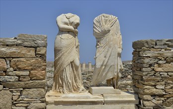 Ancient statues without heads, torsos, Delos island, UNESCO World Heritage Site, Mykonos, Cyclades,