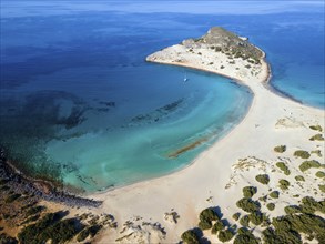 Drone shot, double bay of Simos beach, Sarakiniko beach, Elafonisos, Deer Island, Laconia,