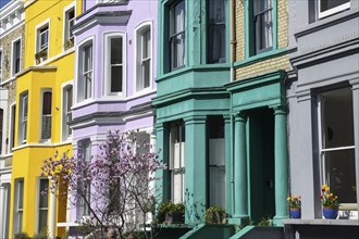 Colourful house facades on Lancaster Road, detail, Notting Hill, London, England, United Kingdom,