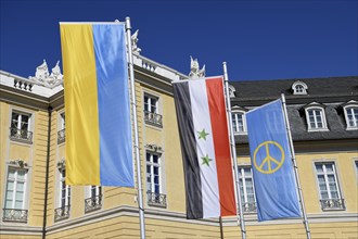 Flags of Ukraine and Syria in front of the Badisches Landesmuseum in Karlsruhe Castle, Karlsruhe,