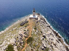 Drone shot, Akrotiri Tenaro lighthouse at the southernmost point of the Peloponnese, Cape Matapan,