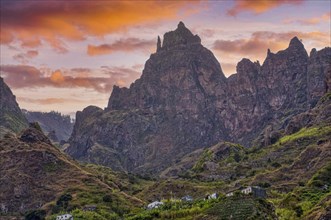 Mountain landscape with terrasses and little houses. San Antao. Cabo Verde. Africa