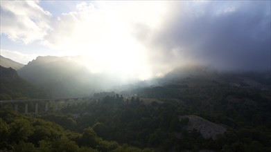 Fog, Backlight, Bridge, Mountains, Madonie National Park, Spring, Sicily, Italy, Europe