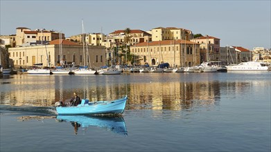 Venetian old town, Venetian harbour, boats, sailboats, fishing boats, fisherman rides in blue