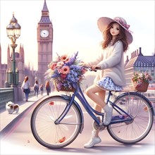 Cute anime girl on bicycle with flowers in the city of London. AI generated