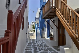 Narrow alley with staircases in the historic centre, Mykonos Town or Chora, Mykonos, Cyclades,