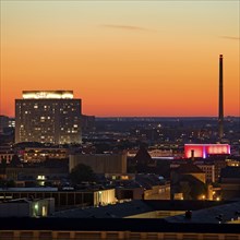 Charité high-rise hospital and the chimney of the Vattenfall combined heat and power plant