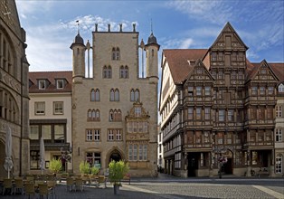 Historic market square with Tempelhaus and Wedekindhaus, Old Town, Hildesheim, Lower Saxony,