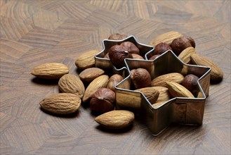 Nuts and cookie cutters, almonds and hazelnuts