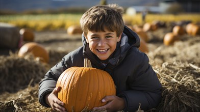 Happy young boy showing off his large ripe fall pumpkin at the pumpkin patch, generative AI